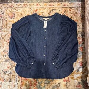 Chambray Denim Blouson Sleeve Button-Up